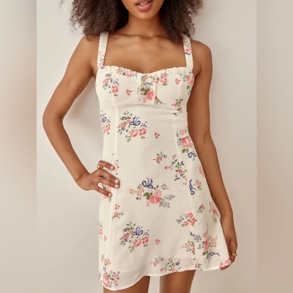 Reformation Floral Mini Dress - Cream with Pink and Blue